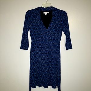 Liz Claiborne PETITE royal blue and black diamonds faux wrap dress v-neck